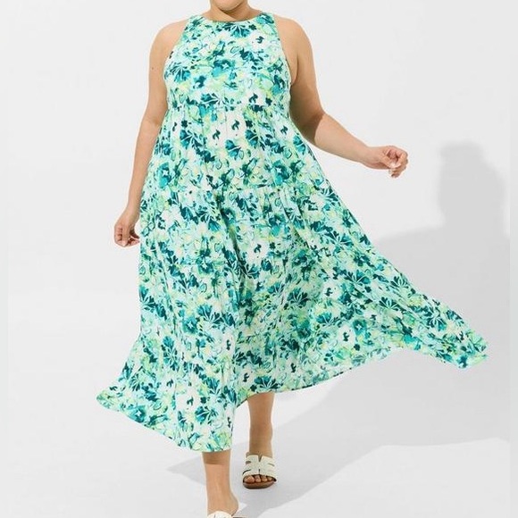 torrid Dresses & Skirts - Torrid 0 Blue Green Watercolor Floral Maxi Gauze Halter Tiered Dress